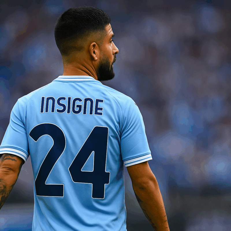 Insigne alla Lazio di spalle con la maglia numero 24 durante una partita, in un’immagine 16:9 allo stadio.