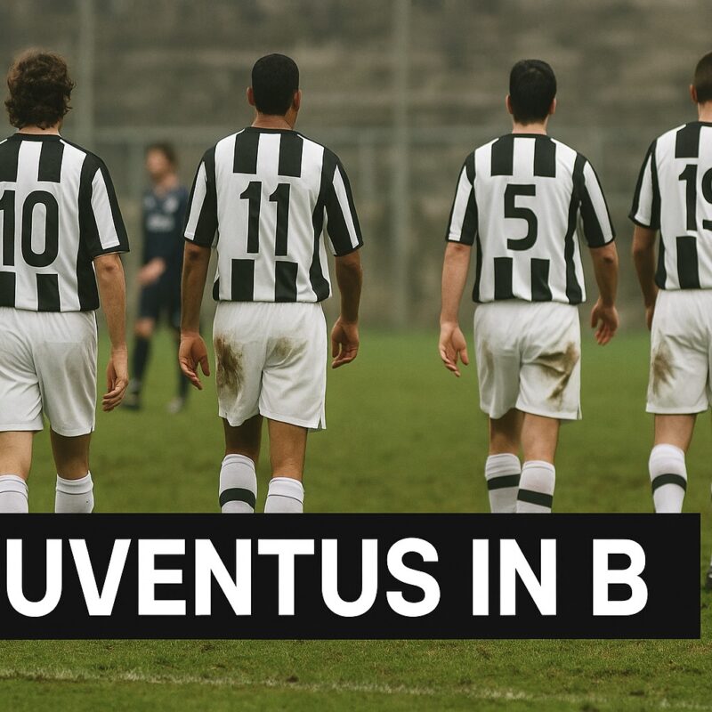 Giocatori di calcio con maglia bianconera camminano di spalle su un campo malandato, con la scritta bianca JUVENTUS IN SERIE B su barra nera in basso