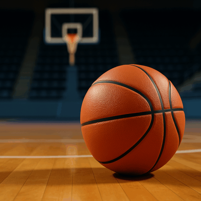 Un pallone da basket realistico posato sul parquet di un campo indoor con il canestro sfocato sullo sfondo.