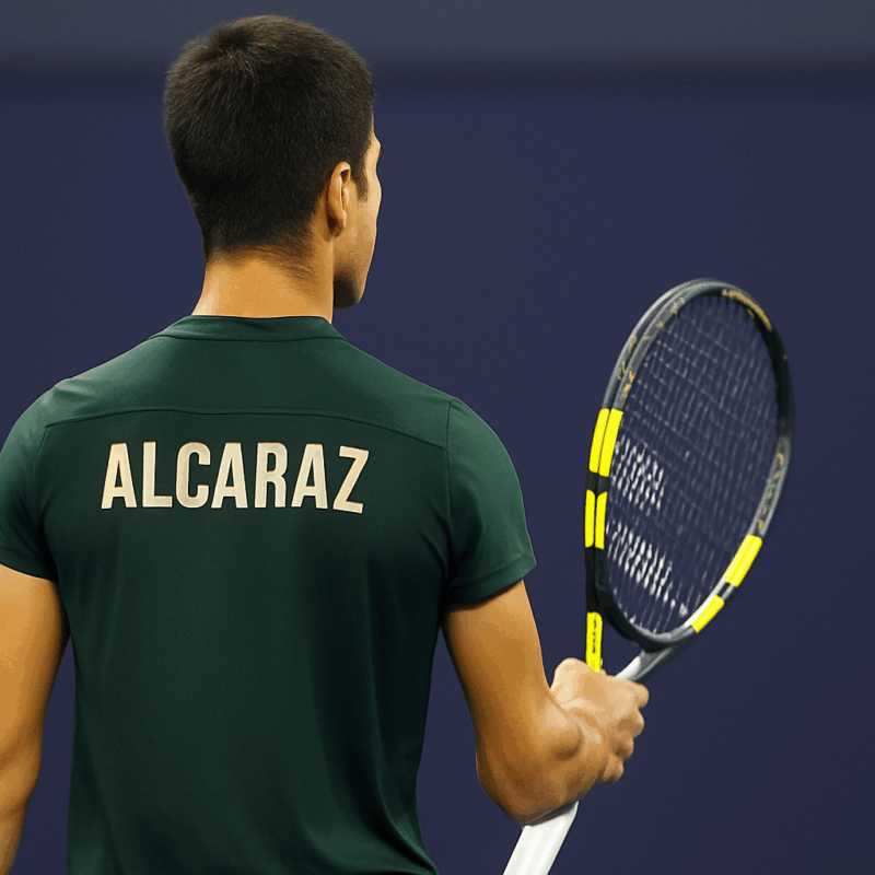 Carlos Alcaraz di spalle sul campo da tennis, immagine 16:9 collegata all’articolo su Quanto guadagna Alcaraz.