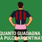 Illustrazione iconografica con un calciatore che indossa tre maglie ispirate a Barcellona, PSG e Inter Miami, accompagnata dalla scritta 'Quanto guadagna la Pulce Argentina?', simbolica rappresentazione del tema sui guadagni di Lionel Messi.