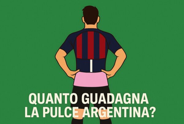 Illustrazione iconografica con un calciatore che indossa tre maglie ispirate a Barcellona, PSG e Inter Miami, accompagnata dalla scritta 'Quanto guadagna la Pulce Argentina?', simbolica rappresentazione del tema sui guadagni di Lionel Messi.