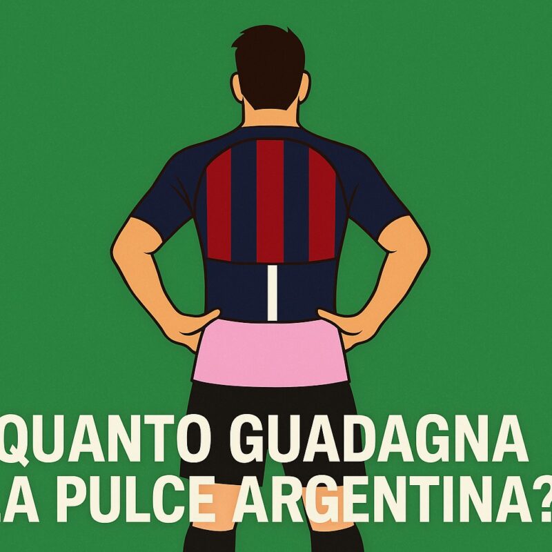 Illustrazione iconografica con un calciatore che indossa tre maglie ispirate a Barcellona, PSG e Inter Miami, accompagnata dalla scritta 'Quanto guadagna la Pulce Argentina?', simbolica rappresentazione del tema sui guadagni di Lionel Messi.