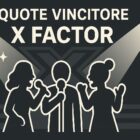 Iconografia del palco di X Factor con tre cantanti stilizzati che condividono un microfono sotto i riflettori, e la scritta Quote vincitore X Factor in alto