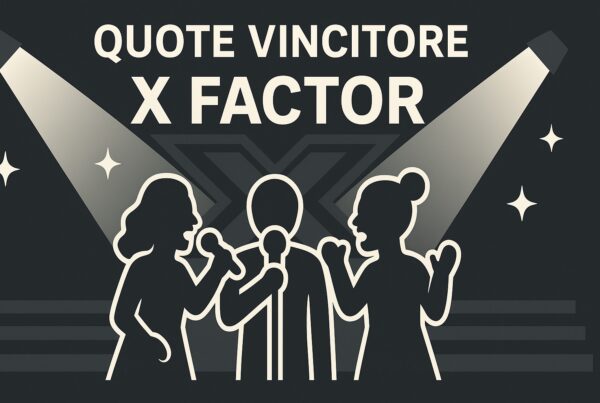 Iconografia del palco di X Factor con tre cantanti stilizzati che condividono un microfono sotto i riflettori, e la scritta Quote vincitore X Factor in alto