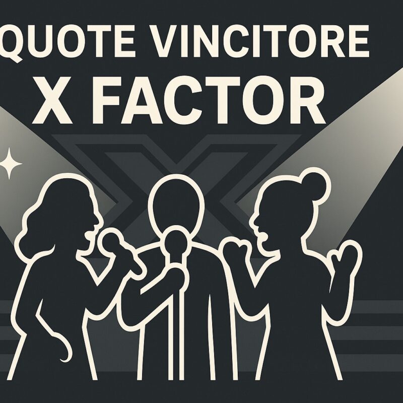 Iconografia del palco di X Factor con tre cantanti stilizzati che condividono un microfono sotto i riflettori, e la scritta Quote vincitore X Factor in alto