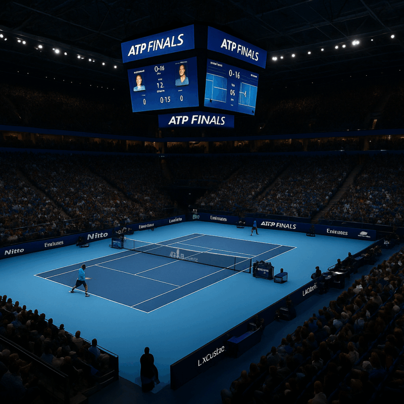 Veduta notturna dell’Inalpi Arena di Torino durante le ATP Finals, con campo blu e pubblico gremito, simbolo della Tragedia alle Atp Finals.
