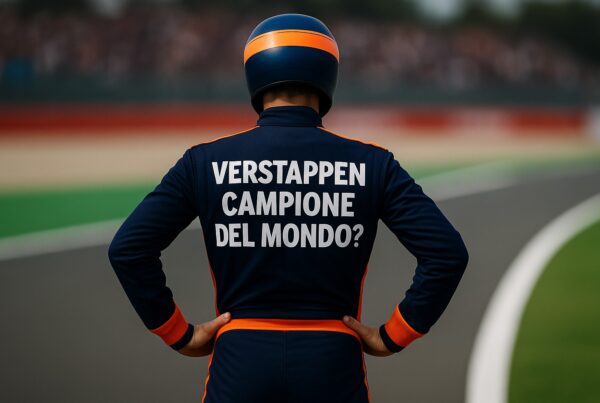 Pilota generico di Formula 1 visto di spalle su un circuito, con tuta blu e arancione e la scritta VERSTAPPEN CAMPIONE DEL MONDO? stampata in grande sulla schiena, mentre osserva la pista davanti a sé.