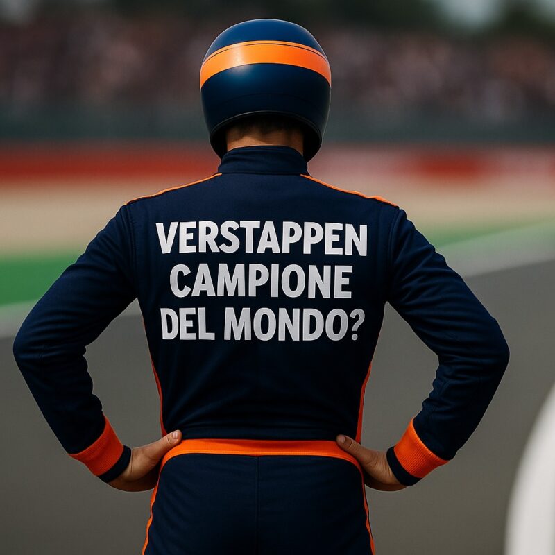 Pilota generico di Formula 1 visto di spalle su un circuito, con tuta blu e arancione e la scritta VERSTAPPEN CAMPIONE DEL MONDO? stampata in grande sulla schiena, mentre osserva la pista davanti a sé.