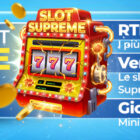 Banner Slot Supreme Quigioco con slot machine dorata, payout oltre 96%, RTP dal 96% in su e indicazione versione premium per giocatori esigenti.