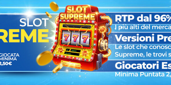Banner Slot Supreme Quigioco con slot machine dorata, payout oltre 96%, RTP dal 96% in su e indicazione versione premium per giocatori esigenti.
