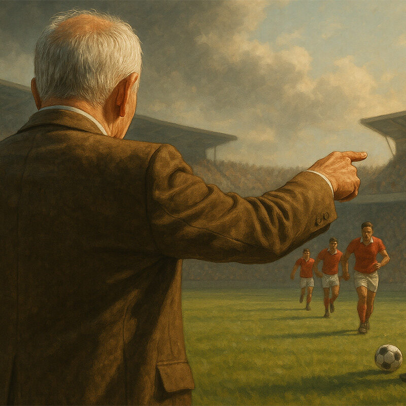 Allenatore di spalle che dirige una squadra schierata nel modulo 4-2-4 durante una partita di calcio, in stile iperrealistico e atmosfera cinematografica.