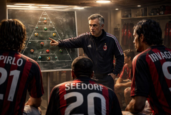 Carlo Ancelotti spiega il modulo Albero di Natale al Milan con Pirlo, Seedorf e Inzaghi nello spogliatoio