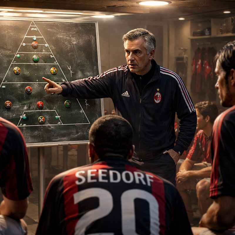 Carlo Ancelotti spiega il modulo Albero di Natale al Milan con Pirlo, Seedorf e Inzaghi nello spogliatoio