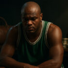 Rappresentazione realistica di Antoine Walker seduto e pensieroso, con pallone da basket e soldi sullo sfondo, simbolo dei momenti difficili della storia di Antoine Walker.