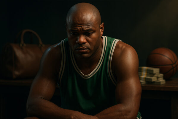 Rappresentazione realistica di Antoine Walker seduto e pensieroso, con pallone da basket e soldi sullo sfondo, simbolo dei momenti difficili della storia di Antoine Walker.