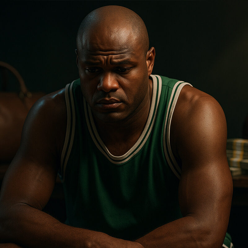Rappresentazione realistica di Antoine Walker seduto e pensieroso, con pallone da basket e soldi sullo sfondo, simbolo dei momenti difficili della storia di Antoine Walker.
