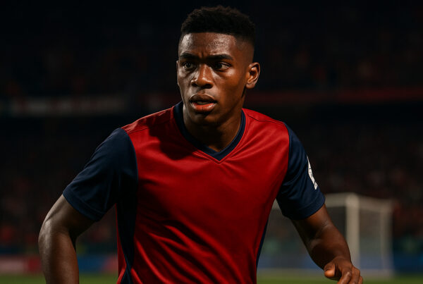 Juan Arizala in azione con la maglia dell’Independiente Medellín, ritratto in stile realistico durante una partita, potenziale talento osservato dal Milan.