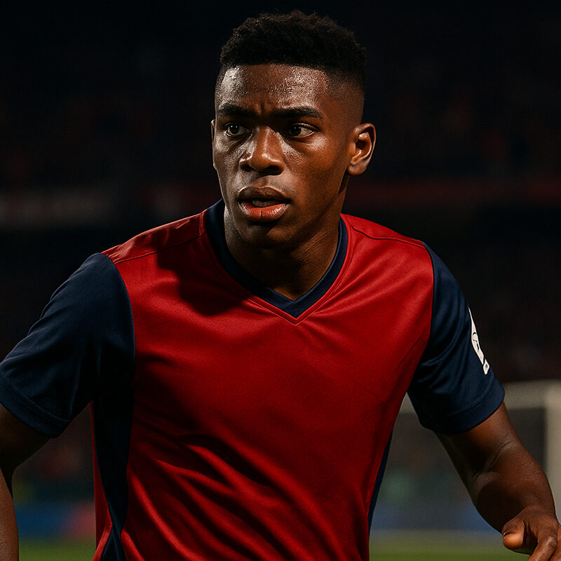 Juan Arizala in azione con la maglia dell’Independiente Medellín, ritratto in stile realistico durante una partita, potenziale talento osservato dal Milan.