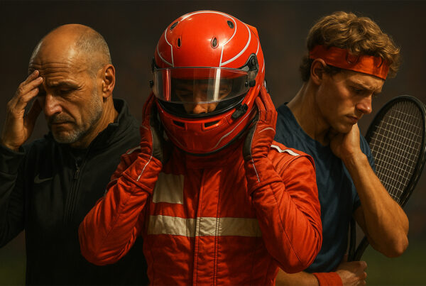 Autocritica nello sport rappresentata da allenatore di calcio, pilota di Formula 1 e tennista in un momento di riflessione mentale.