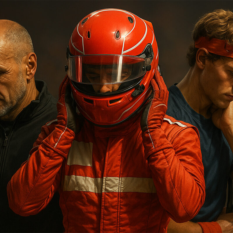 Autocritica nello sport rappresentata da allenatore di calcio, pilota di Formula 1 e tennista in un momento di riflessione mentale.