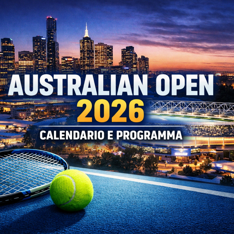 Calendario Australian Open 2026 con Melbourne Park, campo in cemento e simboli del torneo di tennis