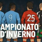 Quattro calciatori di spalle con maglie senza loghi, numeri grandi e scritta Campionato d’Inverno tra fiocchi di neve e agrifoglio.