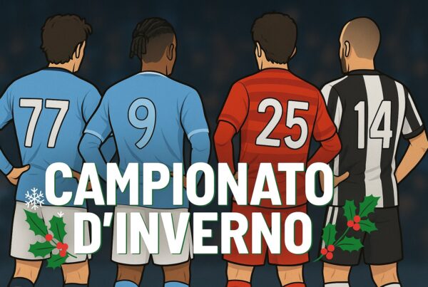 Quattro calciatori di spalle con maglie senza loghi, numeri grandi e scritta Campionato d’Inverno tra fiocchi di neve e agrifoglio.