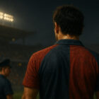 Calciatore di spalle nello stadio, atmosfera realistica che richiama la storia di Carlos Aguilera durante una partita notturna.