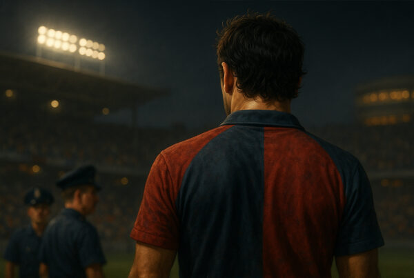 Calciatore di spalle nello stadio, atmosfera realistica che richiama la storia di Carlos Aguilera durante una partita notturna.