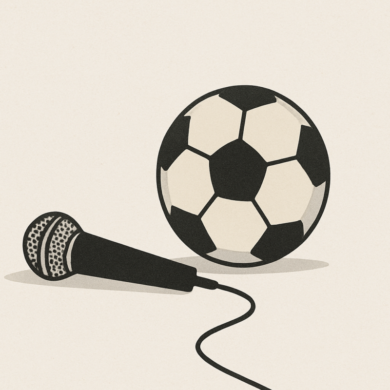 Che squadre tifano i cantanti di Sanremo: microfono da canto a terra accanto a un pallone da calcio, illustrazione minimalista 16:9.