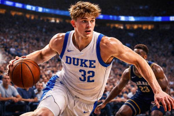 Cooper Flagg in azione con la maglia Duke, dribbling in partita con intensità e controllo di palla, talento NBA a 19 anni