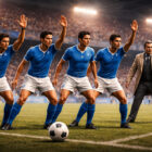 Difesa a zona del Napoli anni ’70 con linea difensiva in movimento e allenatore Vinicio a bordo campo