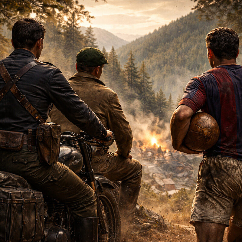 Illustrazione realistica di Dino Fiorini di spalle con un compagno su una moto d’epoca e un pallone da calcio sulle colline bolognesi nel 1944