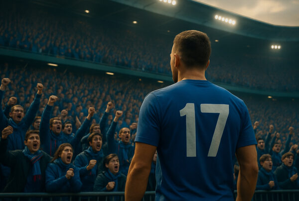 tifosi esultano allo stadio dietro un calciatore in maglia blu, scena realistica che rappresenta il rapporto tra squadra e pubblico nel calcio moderno