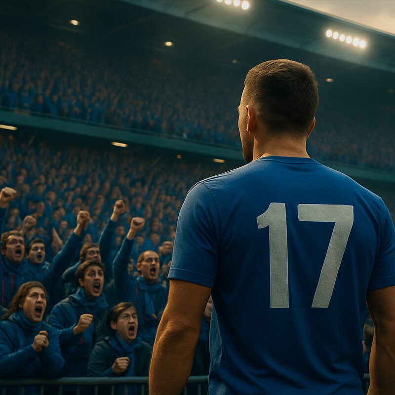 tifosi esultano allo stadio dietro un calciatore in maglia blu, scena realistica che rappresenta il rapporto tra squadra e pubblico nel calcio moderno