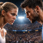 Atleta donna e atleta uomo si sfidano in uno stadio illuminato, simbolo delle competizioni donne contro uomini nello sport