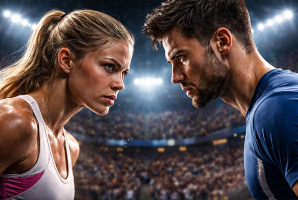 Atleta donna e atleta uomo si sfidano in uno stadio illuminato, simbolo delle competizioni donne contro uomini nello sport