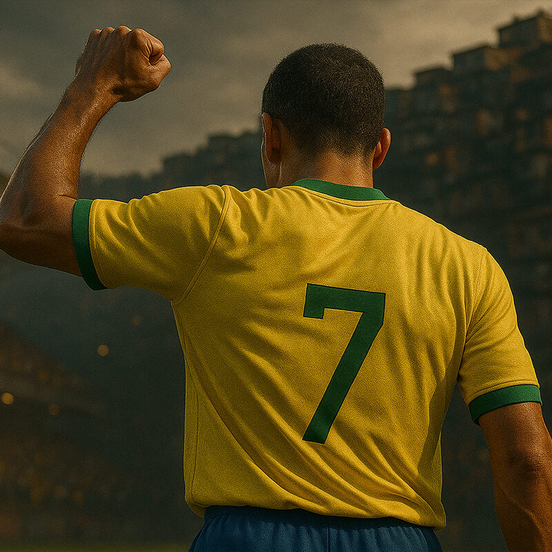 Scena ispirata alla storia di Edmundo, con calciatore brasiliano di spalle con maglia gialla numero 7 che esulta in uno stadio vicino a una favela, in stile 3D iperrealistico.