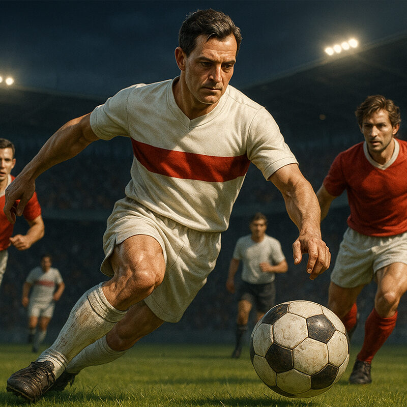 Calciatore in stile anni ’50 che avanza palla al piede in uno stadio affollato, inseguito dagli avversari, scena realistica legata al ruolo del falso nove.