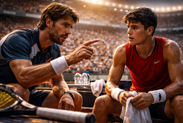 Juan Carlos Ferrero istruisce Carlos Alcaraz durante una pausa in campo, mostrando il metodo e la mentalità del coach nel tennis professionistico