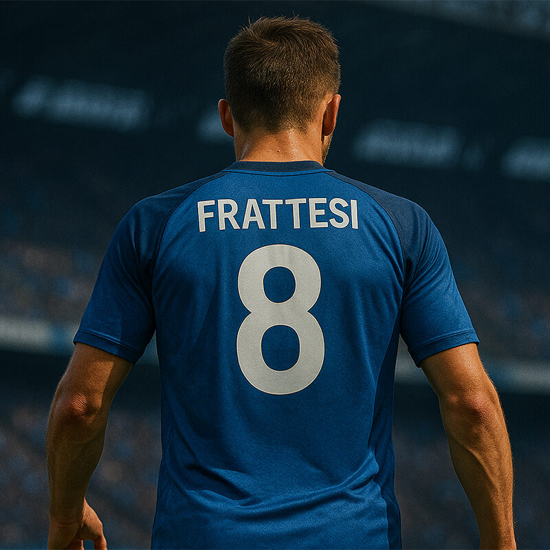 Calciatore visto di spalle con maglia del Napoli numero 8 con nome Frattesi, durante una partita al San Paolo, immagine realistica legata al possibile trasferimento di Frattesi al Napoli.