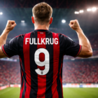 Niclas Fullkrug di spalle con la maglia del Milan numero 9 a San Siro, simbolo del trasferimento Fullkrug verso il Milan