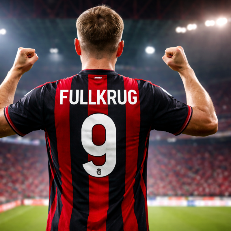 Niclas Fullkrug di spalle con la maglia del Milan numero 9 a San Siro, simbolo del trasferimento Fullkrug verso il Milan