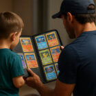 Bambino e adulto di spalle che osservano insieme un album di carte Pokémon, con pagine piene di carte colorate, scena realistica e atmosferica legata al furto dell’album Pokémon.