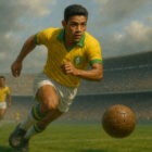 Garrincha giovane in azione con la maglia del Brasile, dribbling in stile realistico durante una partita nello stadio, illustrazione iperrealistica.