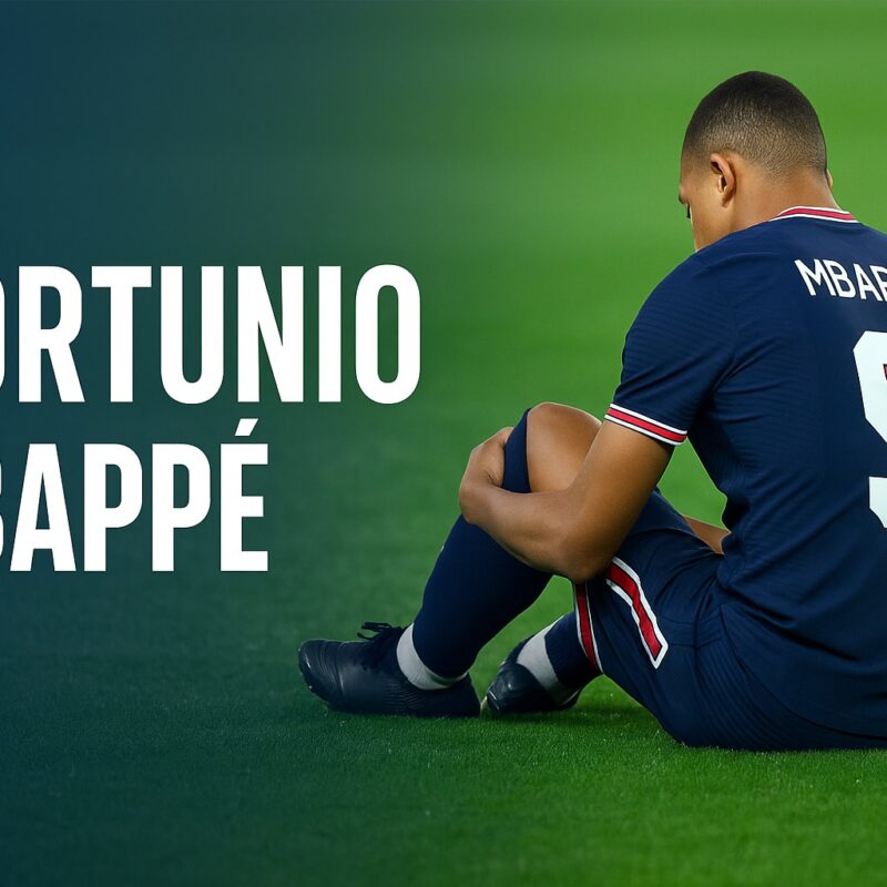 Calciatore di spalle seduto sul prato che si tiene il ginocchio, maglia blu numero 9; testo grande infortunio Mbappé a sinistra.
