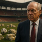 Dirigente in uno stadio vuoto con pile di denaro e palloni sul campo, simbolo degli investimenti Fiorentina e della crisi economico-sportiva del club.