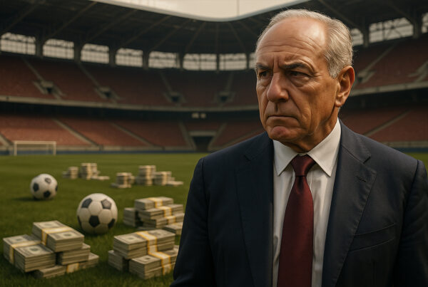 Dirigente in uno stadio vuoto con pile di denaro e palloni sul campo, simbolo degli investimenti Fiorentina e della crisi economico-sportiva del club.