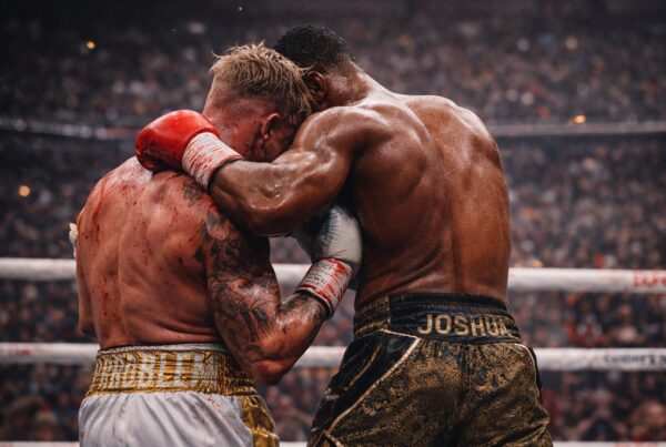 Due pugili di spalle in clinch al centro del ring, corpi tesi e guantoni serrati, scena simbolo di un match durissimo concluso per KO in rappresentanza del match Jake Paul vs Joshua